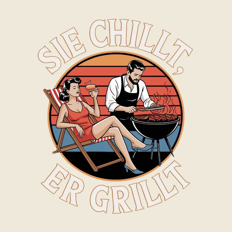 You Chill He Grills Vintage BBQ Illustration