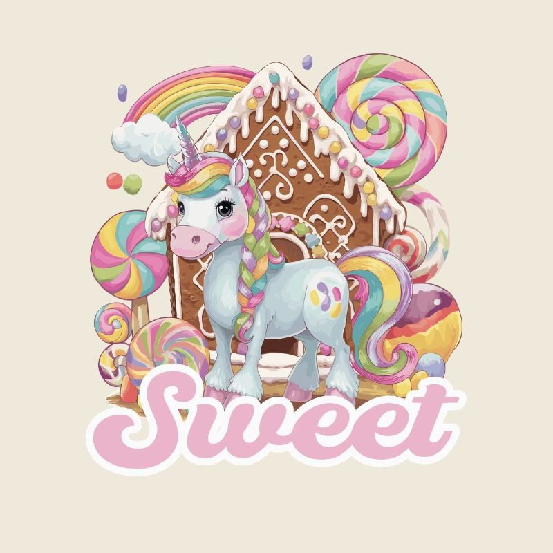 Süßes Einhorn vor Lebkuchenhaus mit Regenbogen