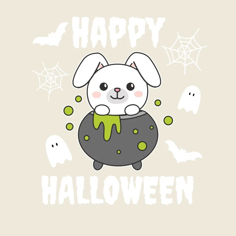 Rabbit Happy Halloween Witch's Cauldron Bat