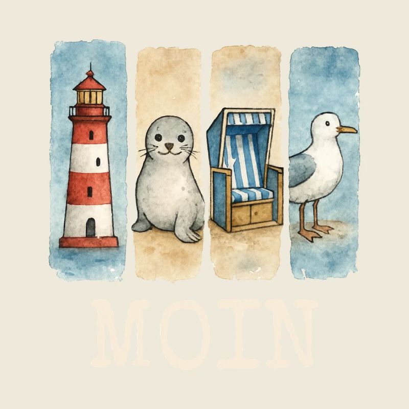 Moin Leuchtturm Robbe Strandkorb Möwe Küste