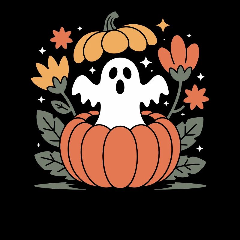 Halloween Autumn Retro Flowers Ghost Pumpkin