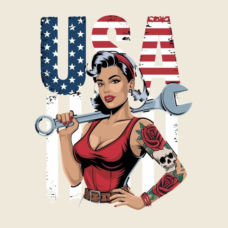 Femme forte avec une clé à molette devant le drapeau des États-Unis