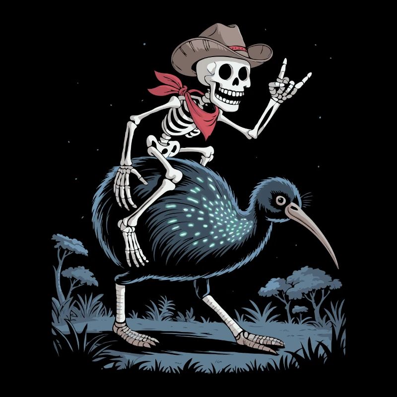 Bone skeleton on kiwi with cowboy hat