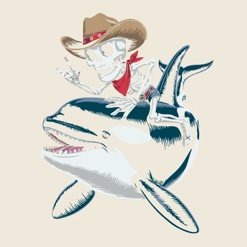 Skeleton cowboy rides orca