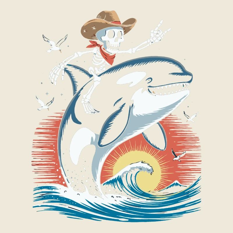Skeleton cowboy on orca waves scene
