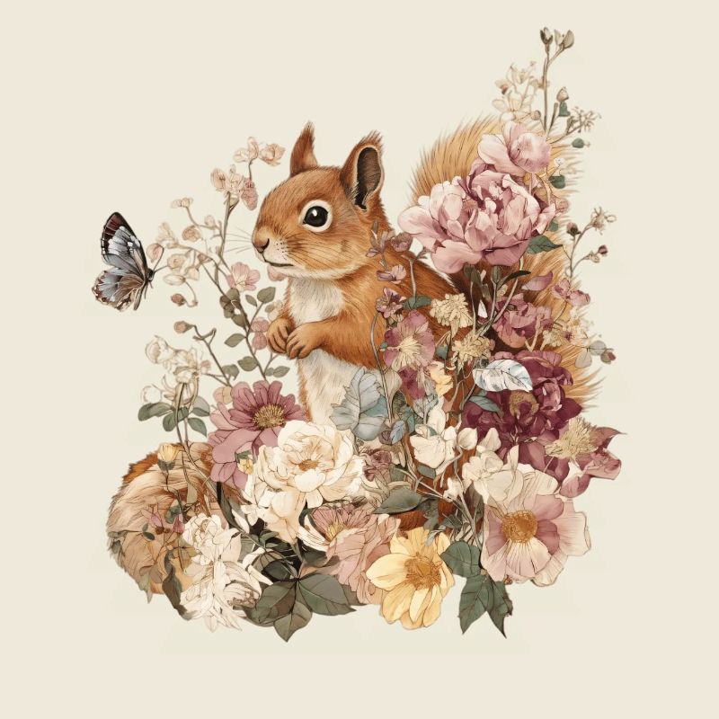 Écureuil, Animal, Fleurs, Papillons