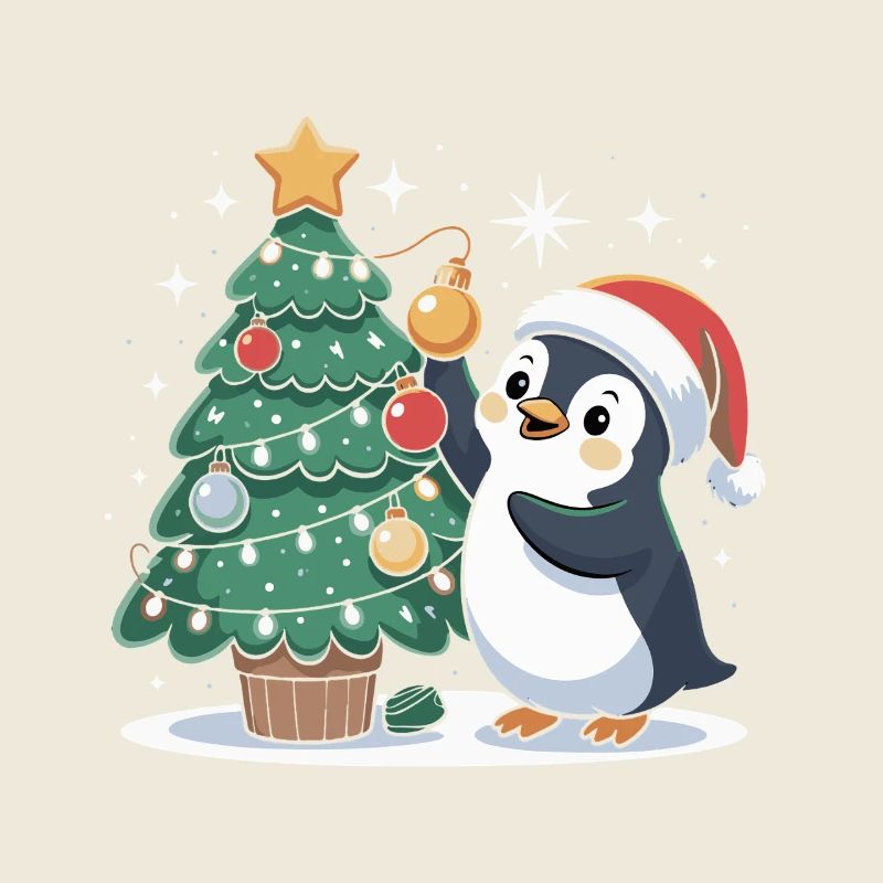 Penguin decorates Christmas tree