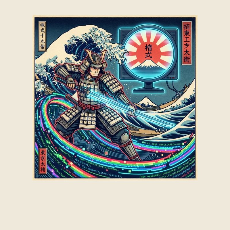 Cyber Samurai 模式 devant les vagues et Fuji