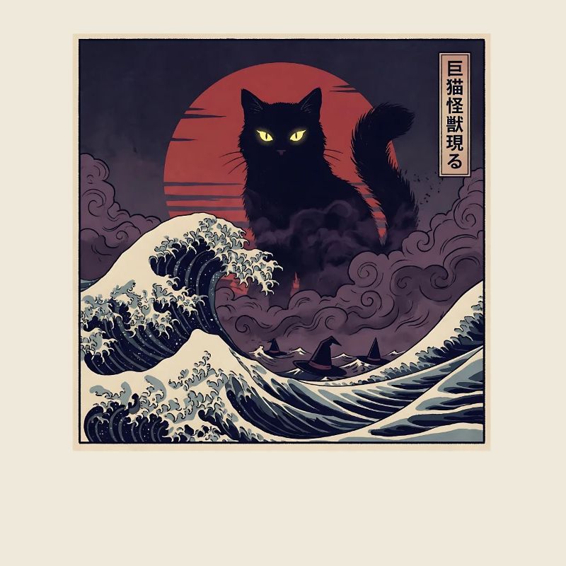 Un chat Kaiju géant au-dessus des vagues 巨猫怪獣現る