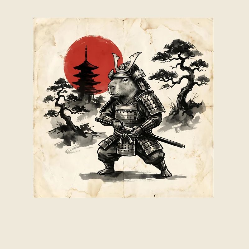 Hamster samouraï devant le soleil rouge du Japon