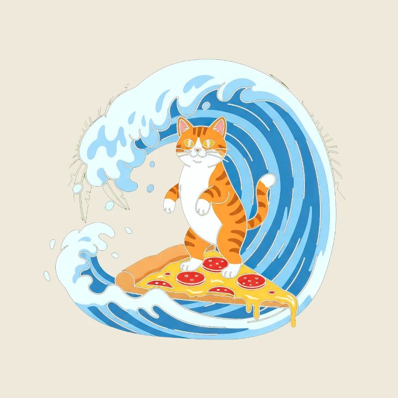 Chat surfeur sur la vague de pizza