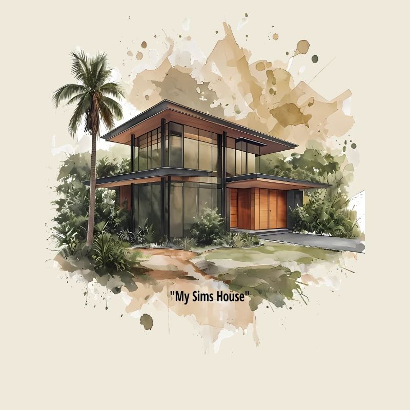 Villa moderniste de style Sims aquarelle