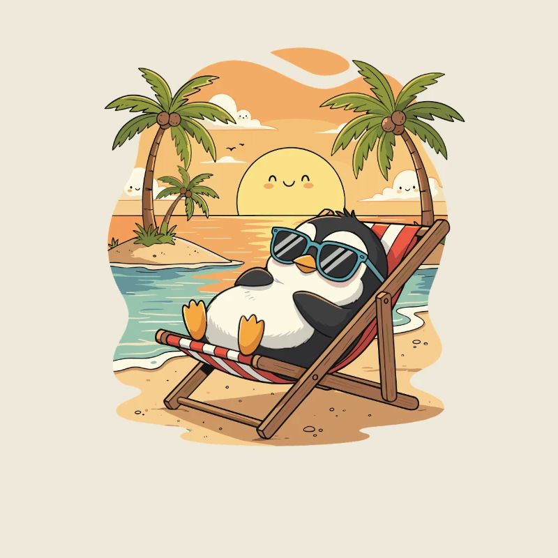 Pingouin sur la plage au coucher du soleil