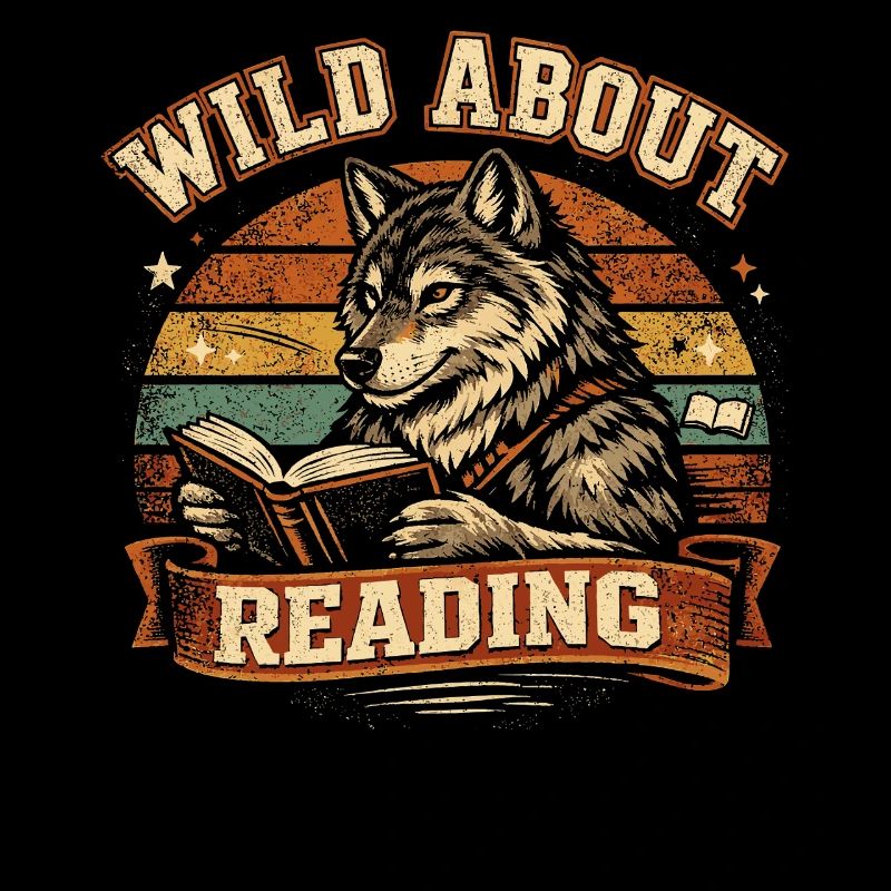 Wild About Reading Wolf Retro Bücher Spruch