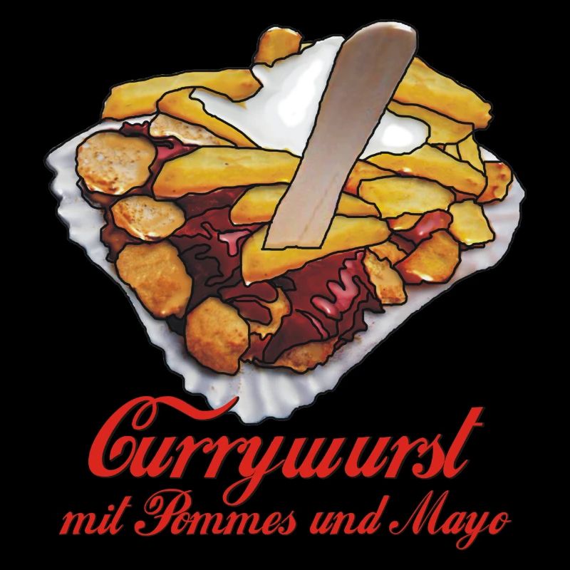 Currywurst mit Pommes, Mayo und Text