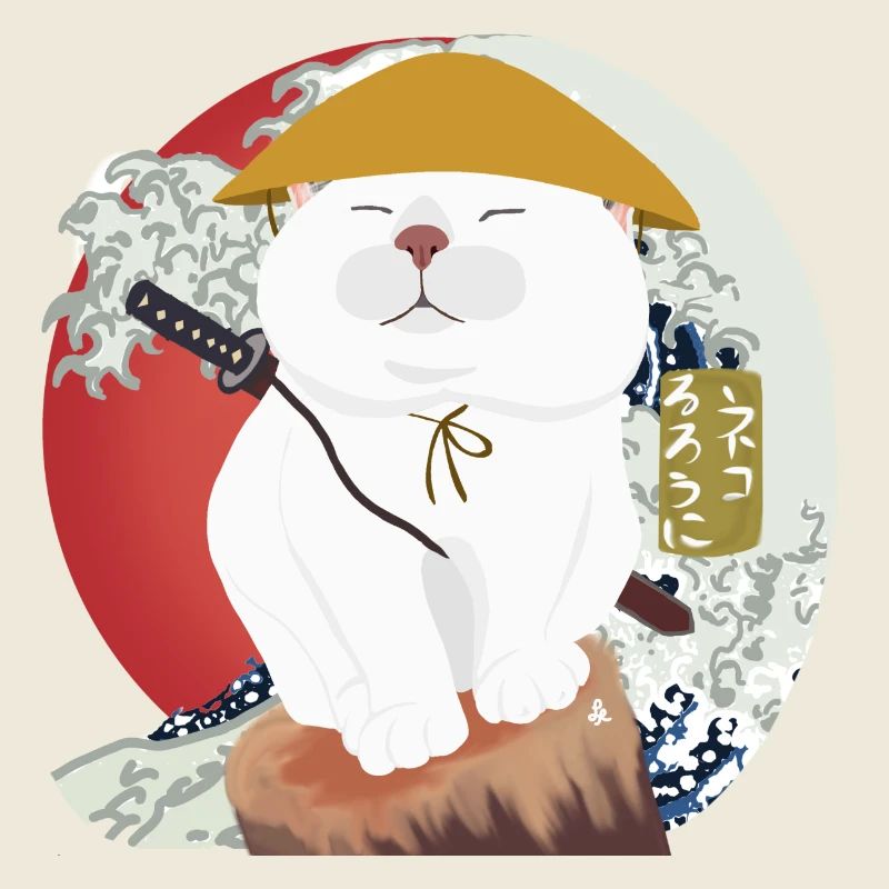 Samurai Katze sitzt auf dem Holz