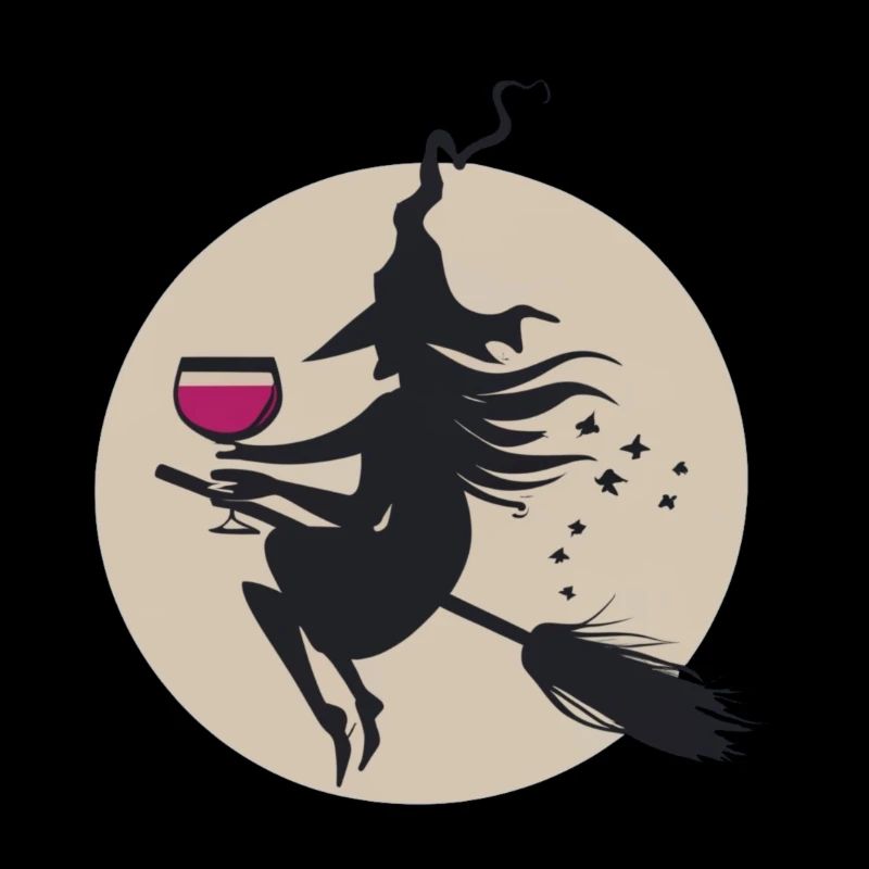 Moonlit Witch on Broom with Wine