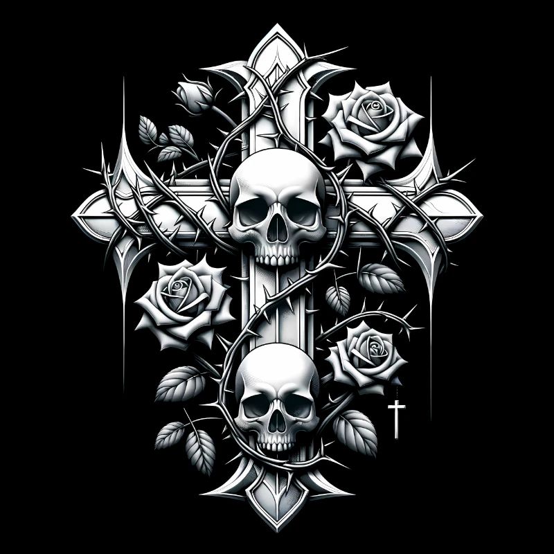 Cross, Life, Death, Thorns, Roses, Skull