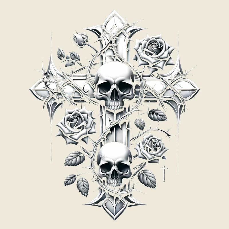 Cross, Life, Death, Thorns, Roses, Skull