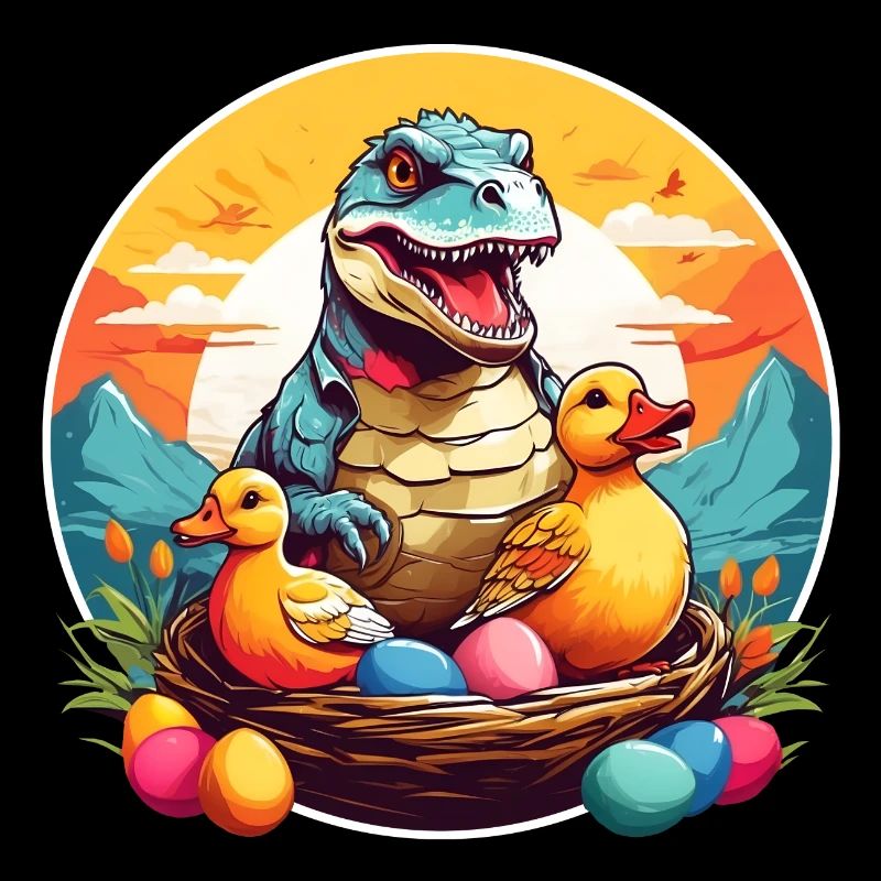 Petit Dino dans le panier de Pâques, bébé Dino et oeufs de Pâques.