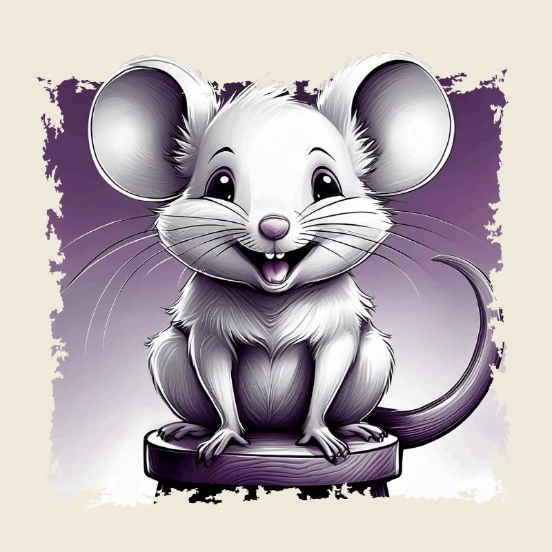 Maus comic lachend sitzt auf Hocker