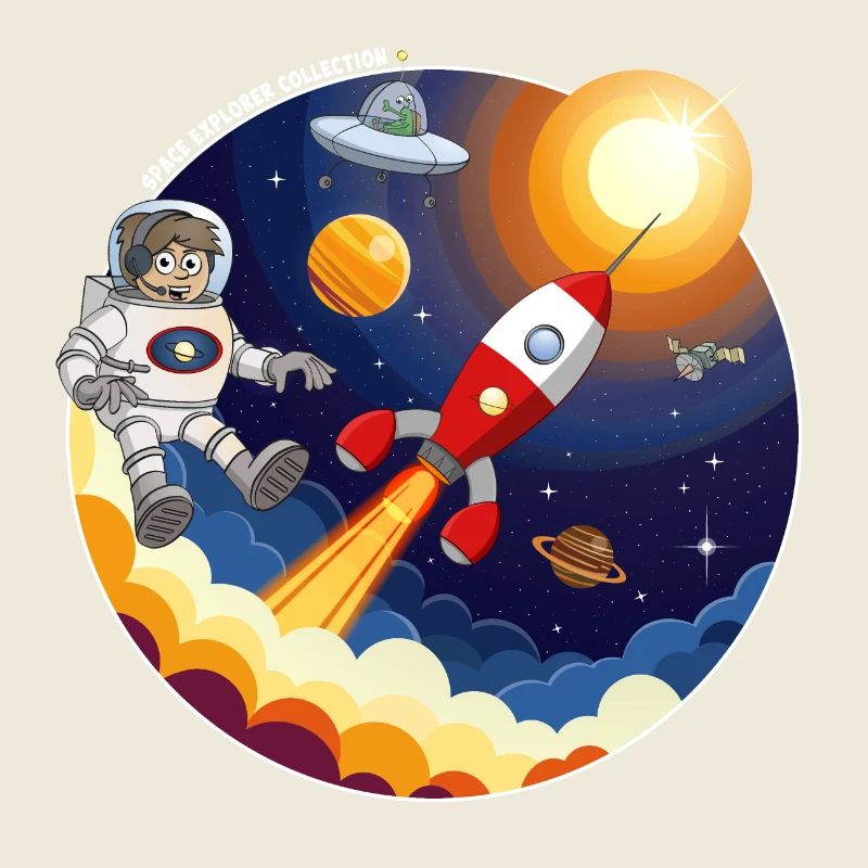 Rocket, astronaut, UFO and planets in space.