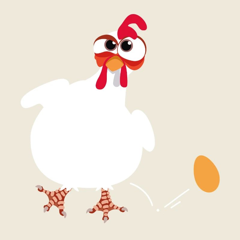 White hen lays an egg funny comic drawing