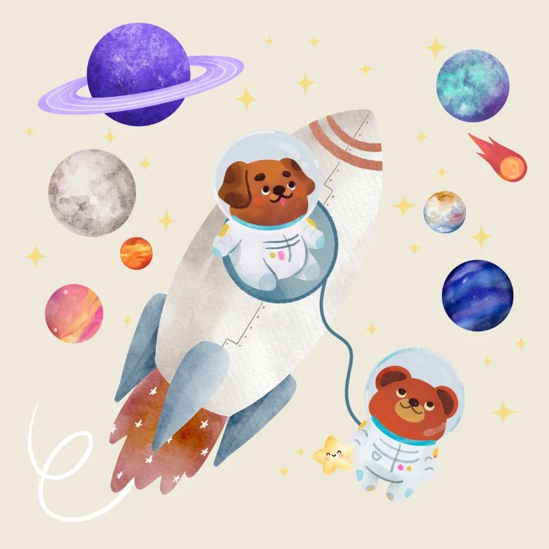 Dog and teddy bear explore space