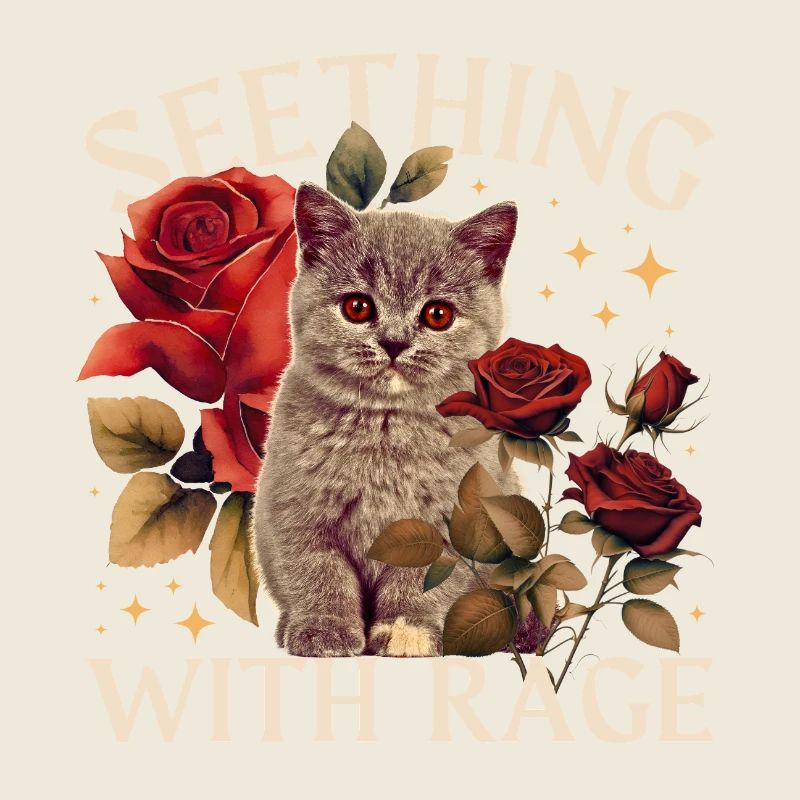 Zornige Katze mit Rosen – Vintage-Ästhetik