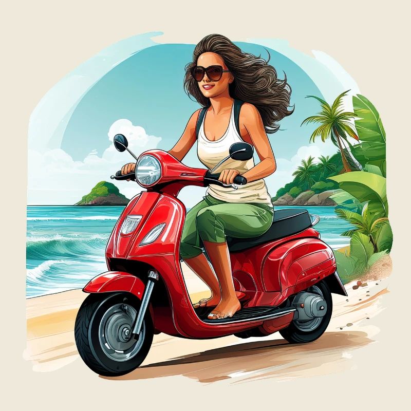 Frau mit rotem Roller am Strand