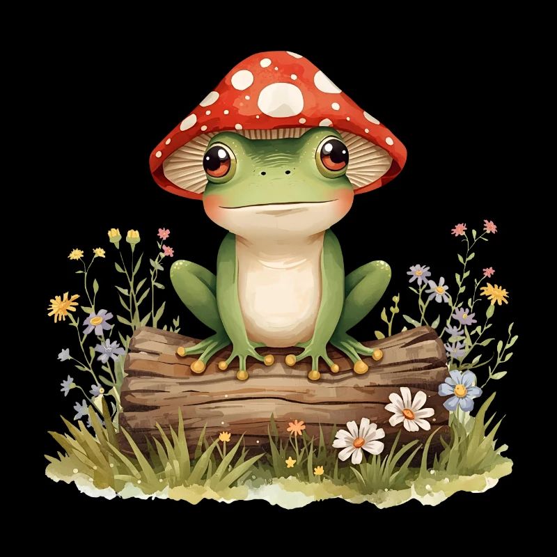 Watercolor frog with mushroom hat on tree trunk