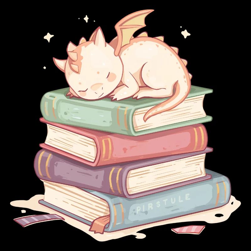 Schlafender Drache auf pastellfarbenen Büchern