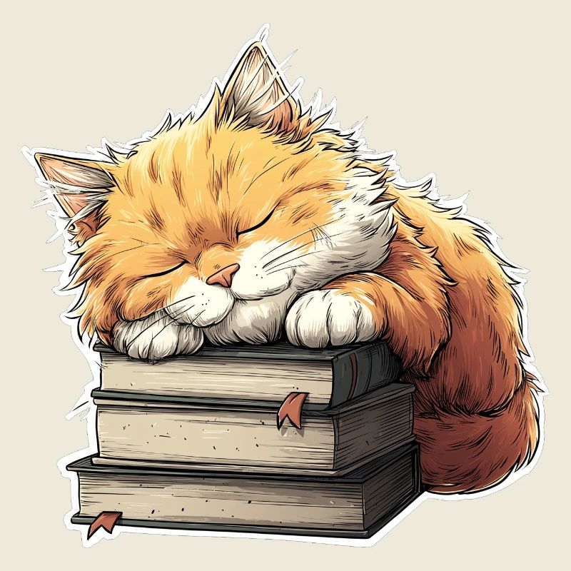 Cute Cat Sleeping on Book Pile