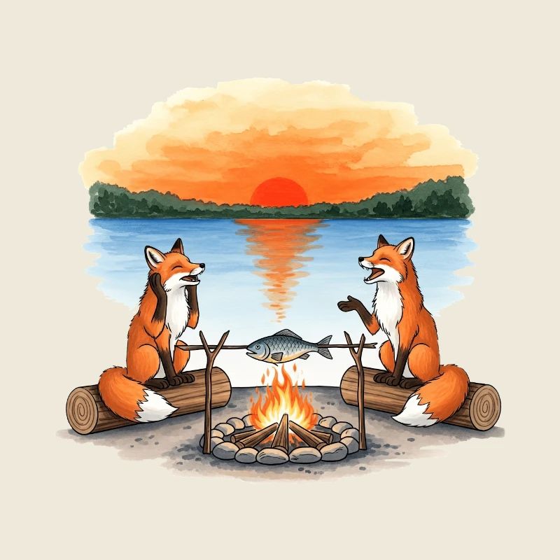 Feu de camp Fox au coucher du soleil au bord du lac