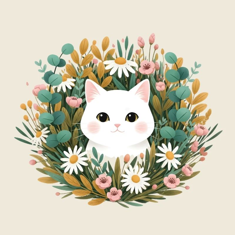 Tête de chat dans une couronne de fleurs