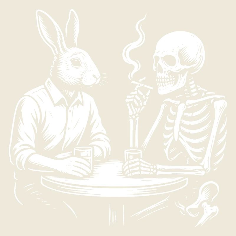 Lapin et Squelette boivent de la bière à la table