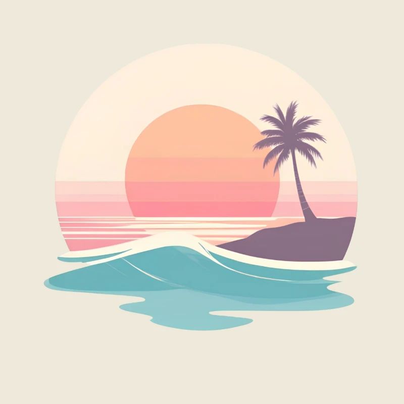 Plage rétro du coucher de soleil & palmier