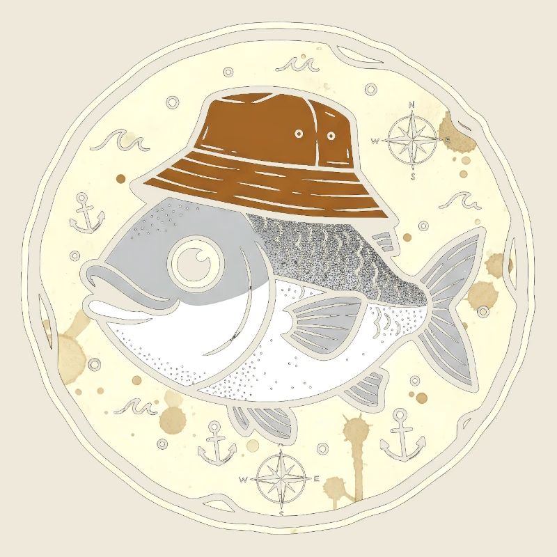 Fisch mit Hut im Nautik-Rundlogo