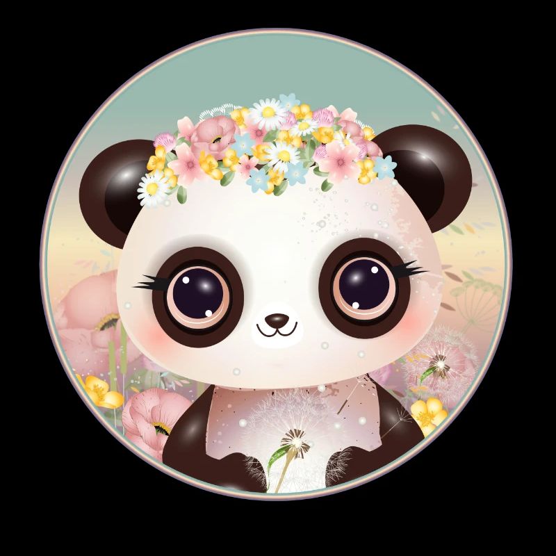 Cute panda on a flower meadow in spring