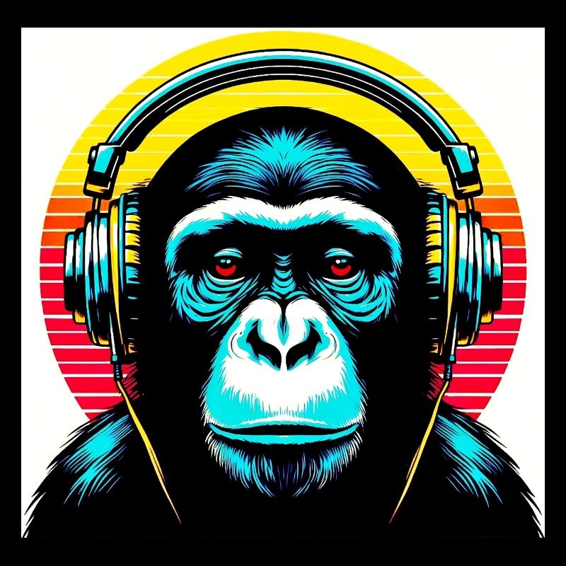 Schimpansenaffe hört Musik mit Kopfhörern