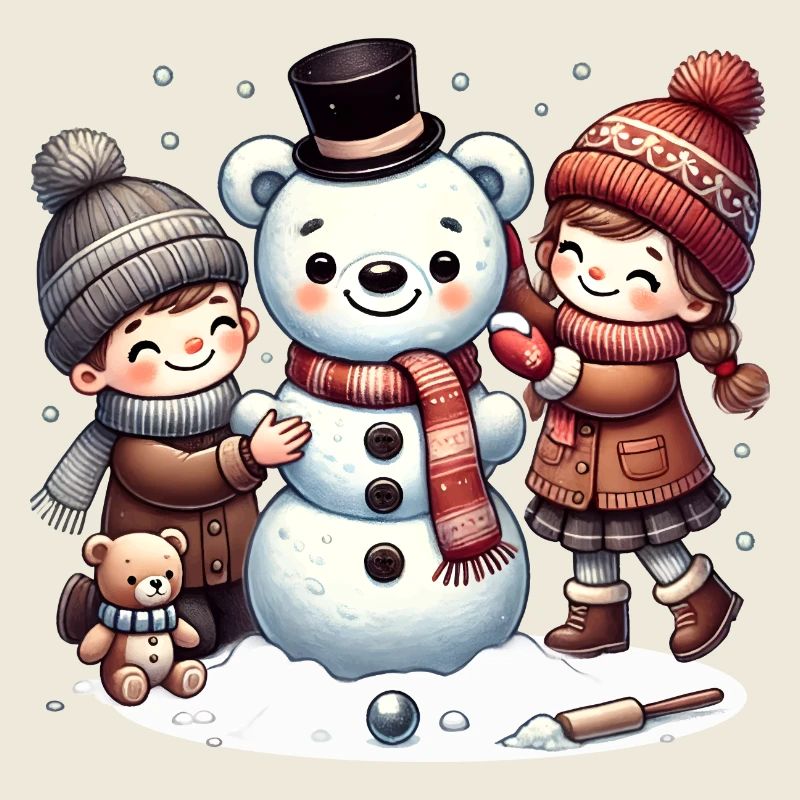 Winterspaß: Kinder bauen einen Teddy-Schneemann