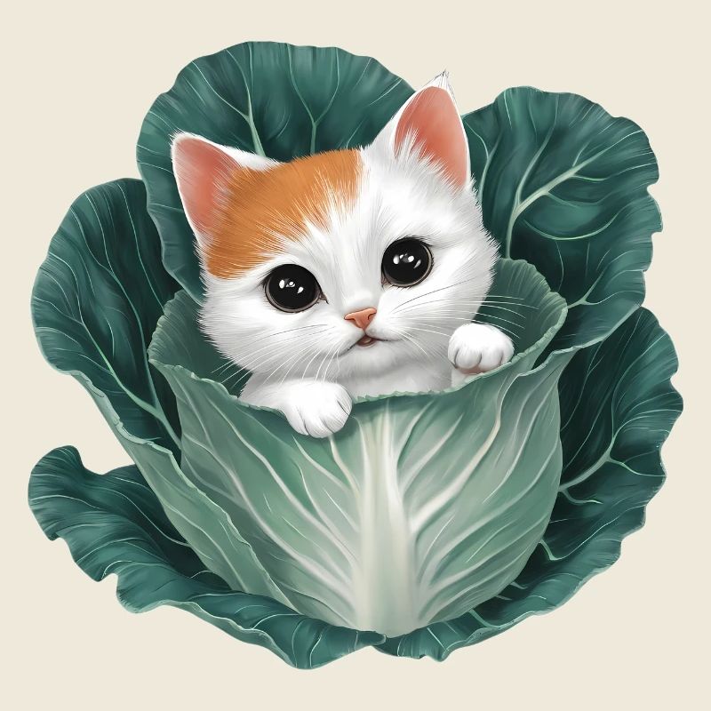 Kitten Peeking from Cabbage Leaf