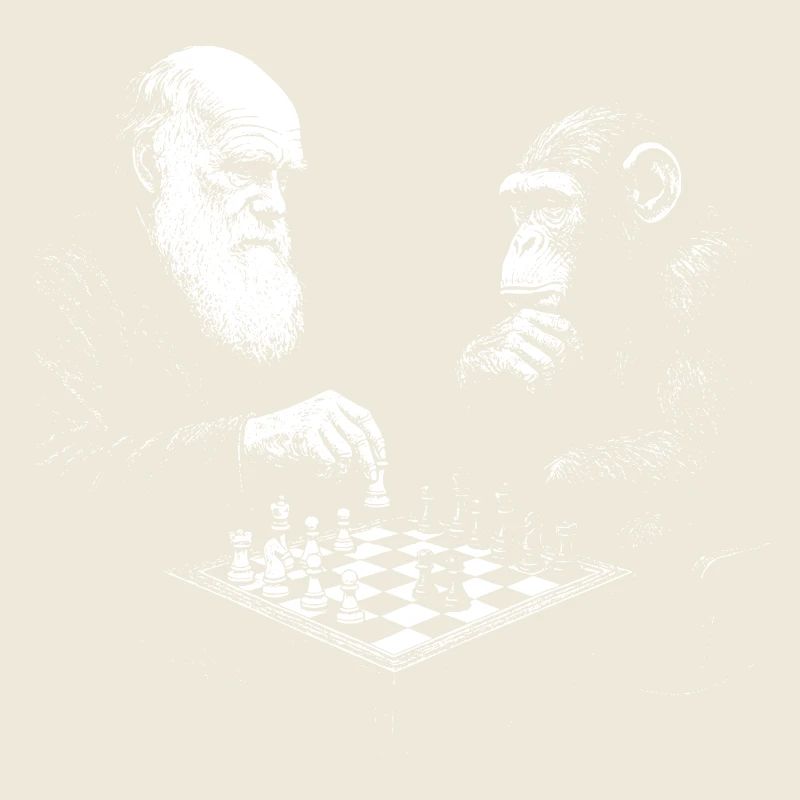Charles Darwin plays chess with monkey