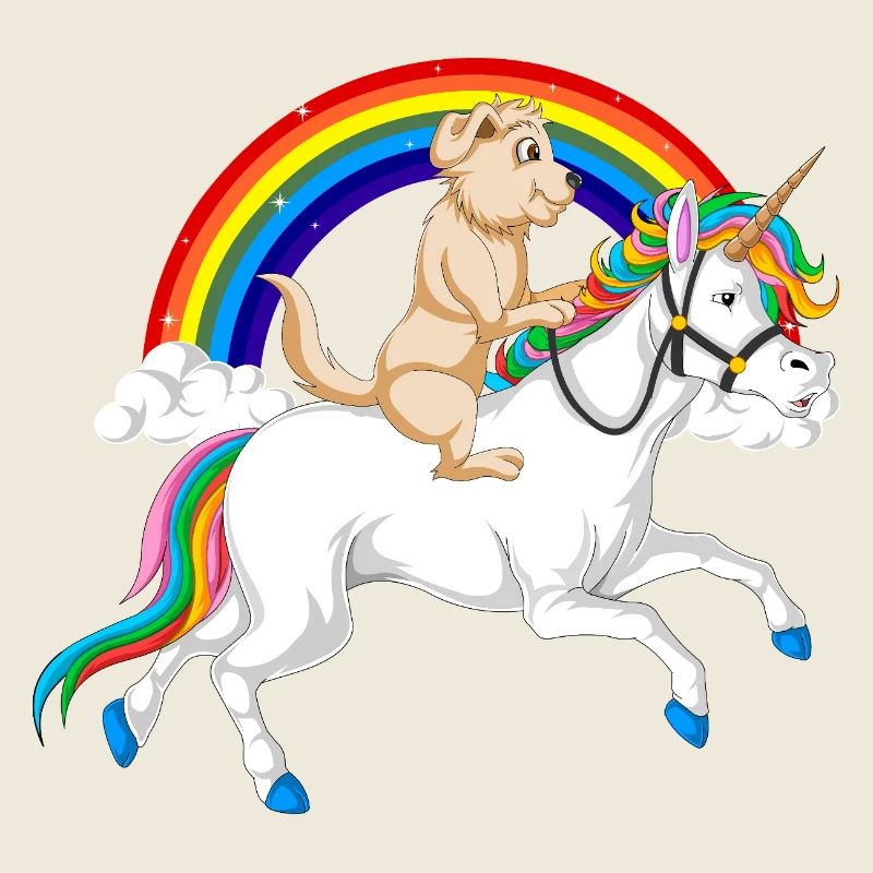Whimsical Unicorn & golden retriever under Rainbow