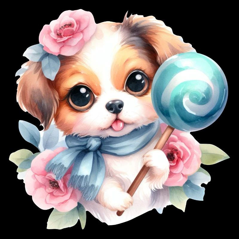Mignon bébé chien avec des fleurs et une sucette