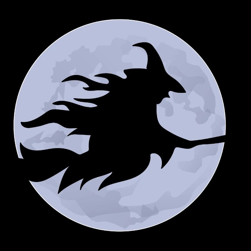 Sorcière volante sur balai devant la silhouette de la pleine lune