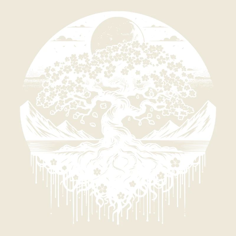 Cherry tree in full bloom in mountain landscape