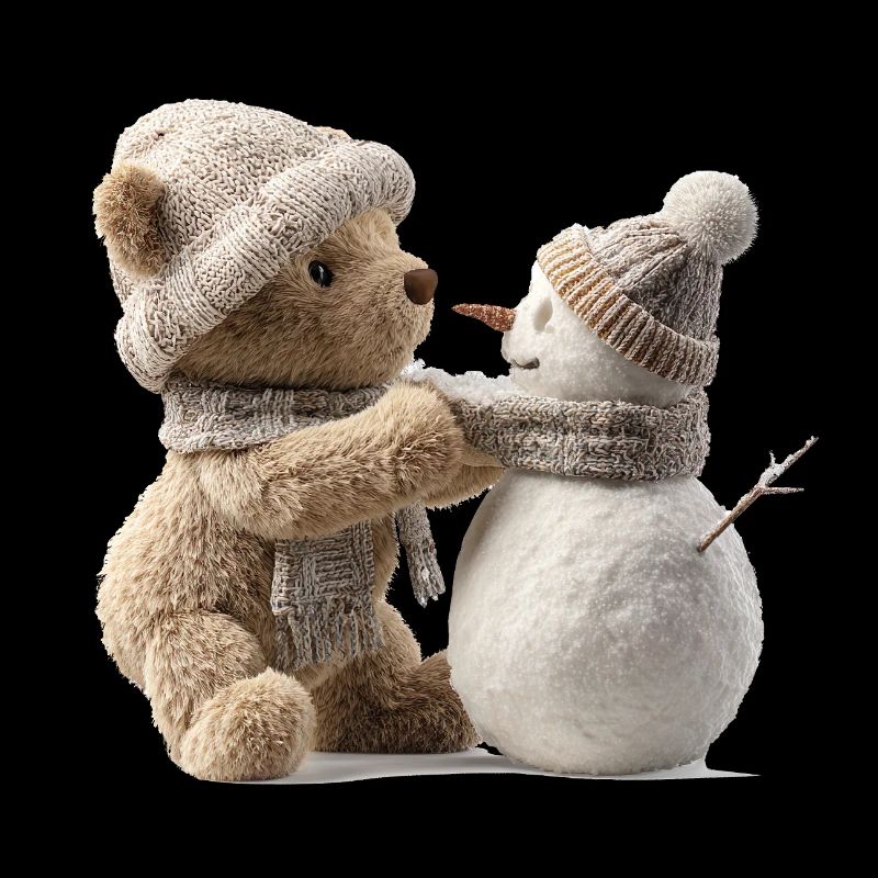Winter cuddle teddy meets snowman