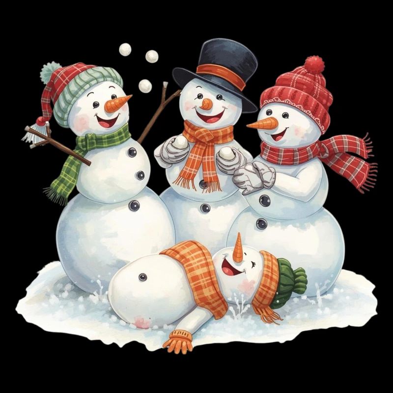 Vier lachende Schneemänner bei Schneeballschlacht