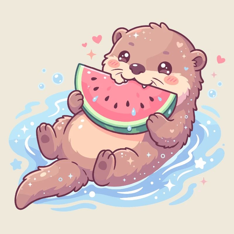 La loutre Kawaii mange de la pastèque